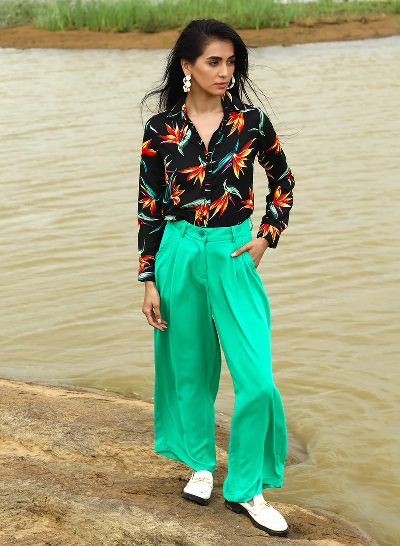 Pinacolada  Women's Onyx Black Wild Foliage Shirt For Casual Wear | Spread Collar | Long Sleeve | Button Closure | Shirt Designed With Comfortable Fit For Woman & Girls for Women | Best Price UAE